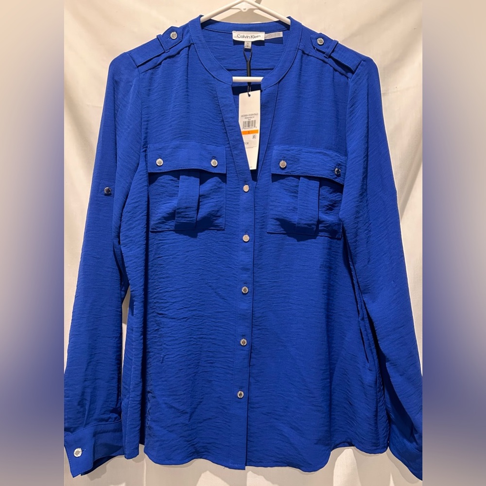 Calvin Klein Royal Blue Blouse Small NWT Adjustable Sleeves